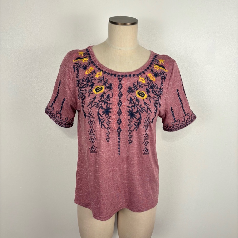 Anneliese Womens M Embroidered Pink Top T-Shirt Boho